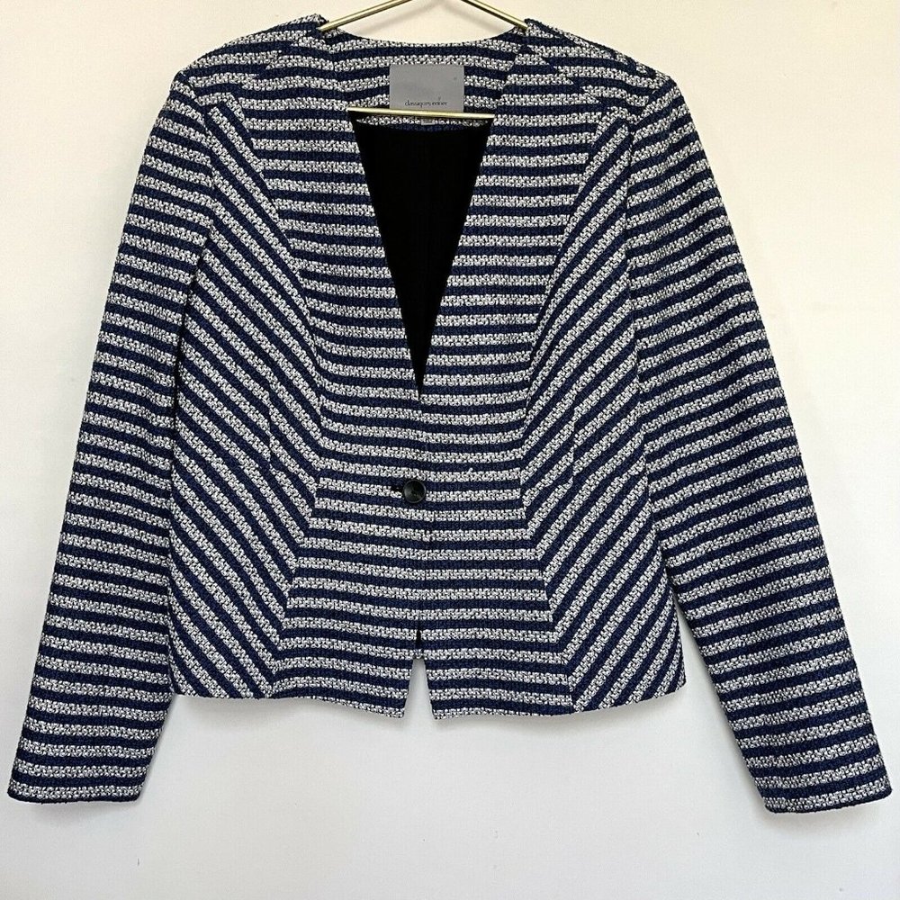 Classiques Entier Blazer Jacket 14 Blue Striped One Button No Collar Lining EUC